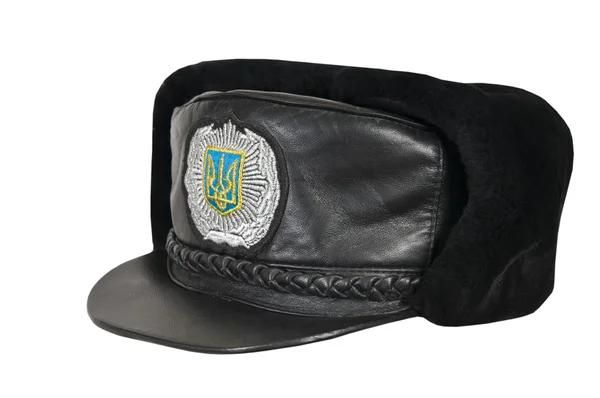 Casquette d'hiver du policier ukrainien sur fond blanc . — Photo