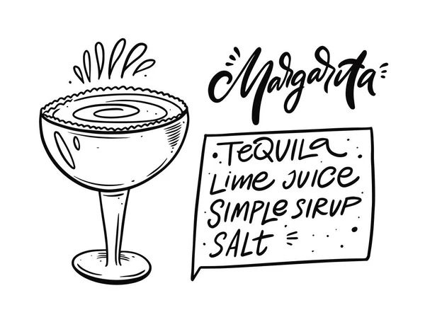 Receta de cóctel Margarita. Estilo de contorno de color negro dibujado a mano. — Vector de stock