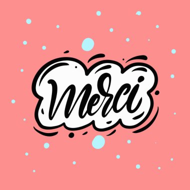 Merci hat tabiri. Modern harf metni. Siyah renk tipografisi ve pembe renk arkaplanı.