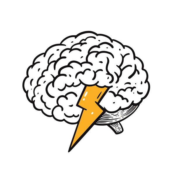 Brain idee bliksem. Handgetekende cartoon stijl vector illustratie. — Stockvector