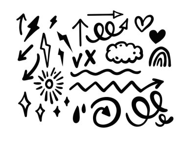 Fırça çizim elementleri ve oklar ayarlandı. Siyah renk vektör illüstrasyonu.