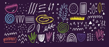 Büyük set soyut şekilleri ve çizgi sanat unsurları. El çizimi karalama stili. Renkli vektör illüstrasyonu.