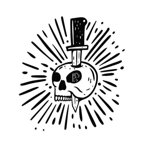 Scull con tatuaggio coltello. Illustrazione vettoriale di colore nero disegnato a mano. — Vettoriale Stock