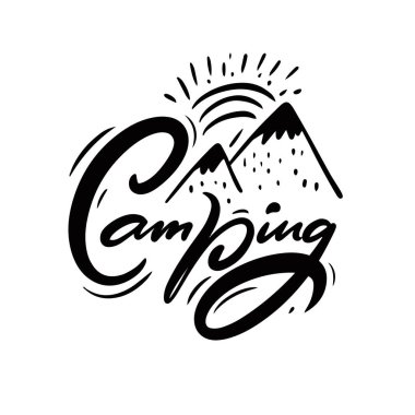 Kamp metni. Elle çizilmiş siyah renk dağları vektör çizimi ve harf cümlesi.