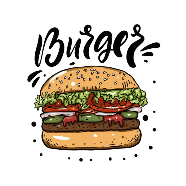 Burger dibujado a mano ilustración vector colorido. Estilo moderno de dibujos animados. — Archivo Imágenes Vectoriales