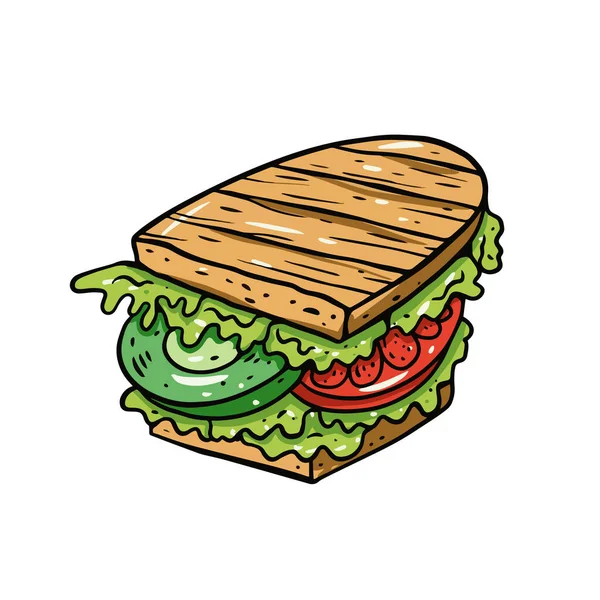 サンドイッチの手のカラフルな現実的なスタイルを描いた。ブラック・アウトライン。食材。ベクターイラスト. — ストックベクタ