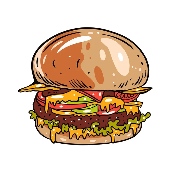 Zeer grote hamburger of hamburger met kaas en tomaat. Kleurrijke cartoon vector illustratie. — Stockvector