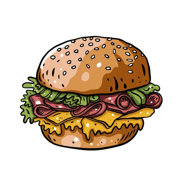 Stor burgare med bacon, ost och strimlad sallad. Handritad färgstark realistisk vektor illustration. — Stock vektor