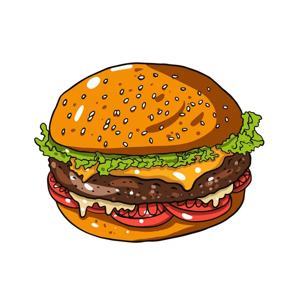 Burger mit Fleisch, Tomaten und Käse. Handgezeichneter farbenfroher realistischer Stil. — Stockvektor