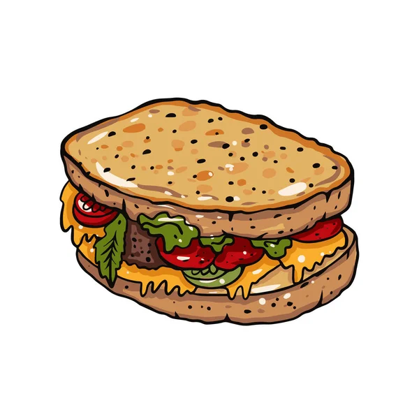 Sandwich da pane tostato. Pomodoro, formaggio, carne e lattuga tritata. Illustrazione colorata del vettore del fumetto. — Vettoriale Stock