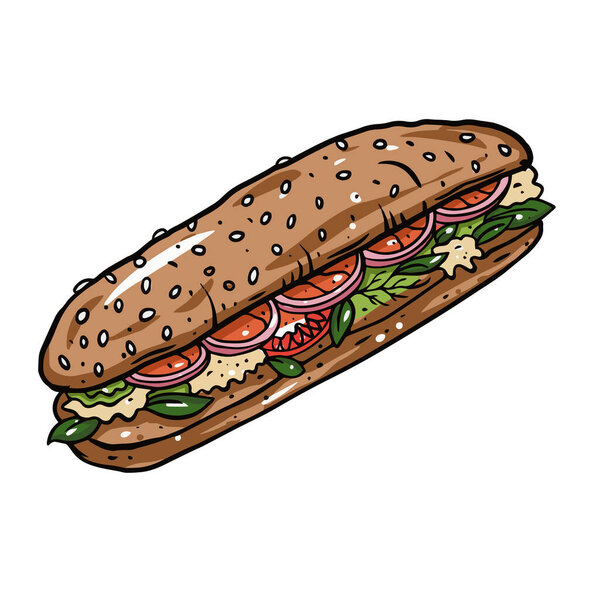Big long sandwich. Hand drawn colorful realistic style. Black outline sketch. Vector illustration.