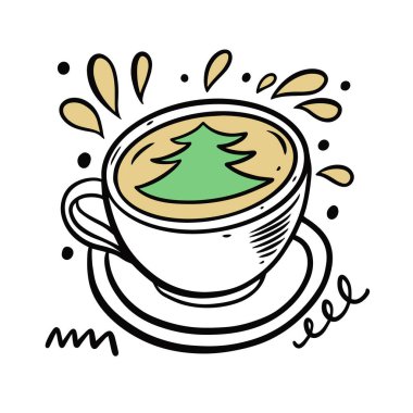 Yeşil ağaçlı sıcak kış içeceği. El çizimi renkli eskiz sanatı ve siyah taslak tarzı.