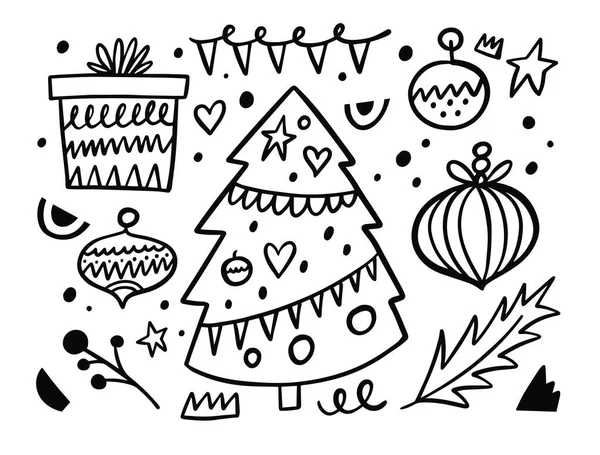Prvky Doodle černá barva Veselé Vánoce a nový rok. Ručně kreslený styl osnovy. — Stockový vektor
