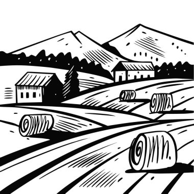 Köy oymacılığı stili. Siyah renkli klasik illüstrasyon.
