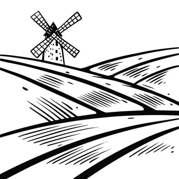 Paysage rural avec moulin. Style vintage couleur noire dessinée à la main. — Image vectorielle