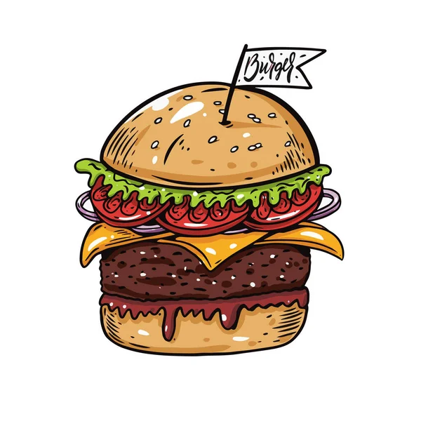 Bunte große Burger handgezeichnete Cartoon-Kunst. Linienkunst. Vektorillustration. — Stockvektor