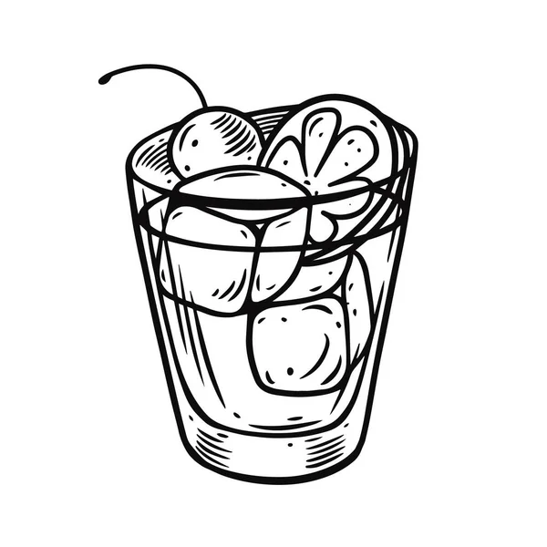 Cocktail en verre avec gai et glaçon. Style de gravure vintage couleur noire dessinée à la main. Illustration vectorielle. — Image vectorielle