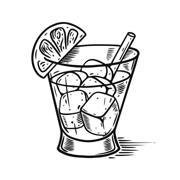 Cocktail with lemon and ice cube. Hand drawn vintage style. Engraving vector illustration. — Stockvektor