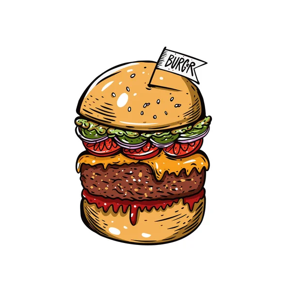 Hamburguesa grande dibujada a mano. Dibujos animados coloridos estilo vector ilustración. — Archivo Imágenes Vectoriales