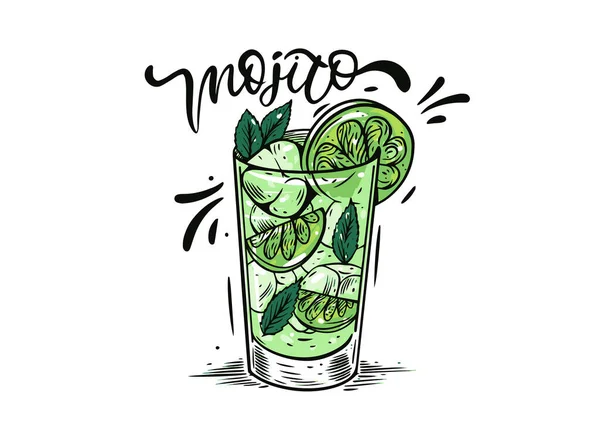 Un cocktail Mojito. Illustration vectorielle colorée mignonne. Croquis style line art. Isolé sur fond blanc. — Image vectorielle