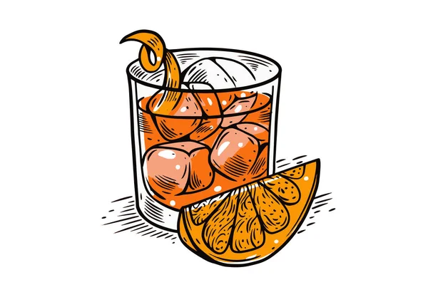 Klassieke cocktail sinaasappeldrank. Negroni of Old Fashioned. Graveren kleurrijke stijl. — Stockvector