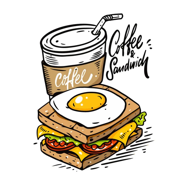 Sandwich con huevo frito y café para llevar. Ilustración vectorial colorida dibujada a mano. Aislado sobre fondo blanco. — Archivo Imágenes Vectoriales