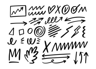 El çizimi siyah karalama, ok ve tasarım elementleri.