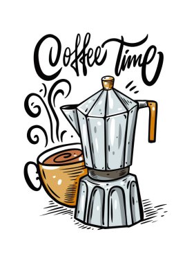 Kahve saati renkli vektör çizimi. Kahve demliği ve buharlı fincan..