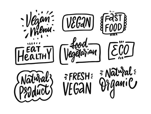 Sinais Alimentares Orgânicos Conjunto Frases Vegan Natural Eco Words Caligrafia — Vetor de Stock