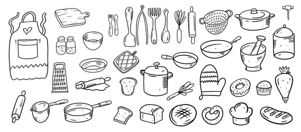 Set Utensili Cucina Forno Disegnati Mano Doodle Stile Illustrazione Vettoriale — Vettoriale Stock