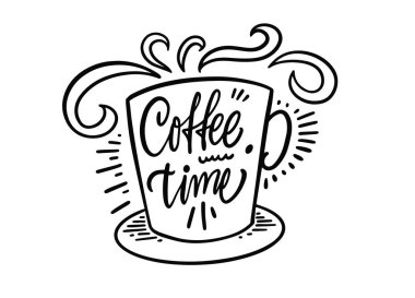 Kahve saati harfi ve el yazısı. Beyaz arkaplanda izole edilmiş klasik biçim vektör illüstrasyonu.