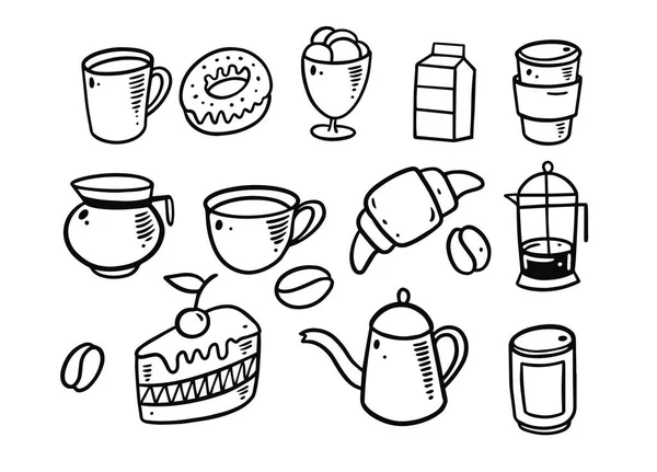 Сладкий Завтрак Нарисованный Вручную Набор Элементов Кофе Десерт Векторные Иллюстрации — стоковый вектор