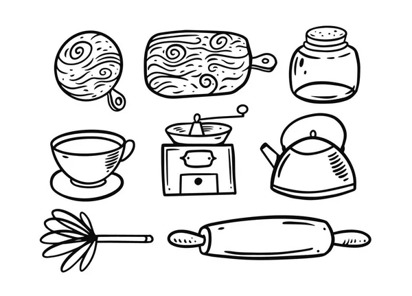 Juego Herramientas Cocina Dibujadas Mano Ilustración Vectorial Objetos Boceto Negro — Vector de stock