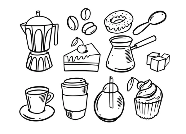Набор Элементов Завтрака Кофе Десерта Ручная Рисованная Векторная Иллюстрация Изолированный — стоковый вектор
