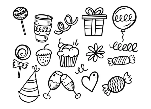 Aniversário Desenhado Mão Celebração Doodle Elementos Set Desenho Cores Preto — Vetor de Stock