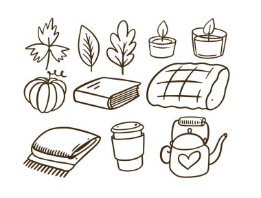 Taslak karalama nesneleri sonbahar seti. El çizimi çizgi film tarzı vektör çizimi beyaz arkaplanda izole edildi.