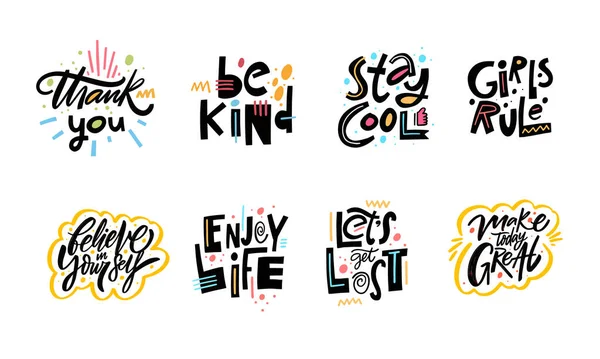 Hand Drawn Colorful Modern Typography Lettering Quotes Set Scandinavian Typography — Stock Vector