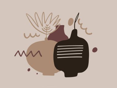 Soyut kahverengi renk doğal şekiller ve element natürmort yaşam. Arka planda çiçek ve ev esrar vektörü çizimi izole edildi.