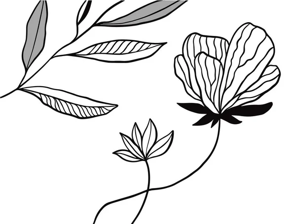 Lijn Kunstbloem Bladeren Zwarte Kleur Cartoon Stijl Natuurlijke Vector Illustratie — Stockvector