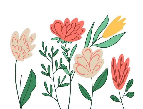 Мультфильм Стиль Цветочный Набор Цветов Ручной Рисунок Натурального Цветочного Вектора — стоковый вектор
