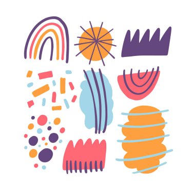 El çizimi renkli soyut elementler işaret ve semboller ayarlandı. Çizgi film çocuk tarzı. Kapak kitabı, şablon ve pankart için vektör nesneleri.