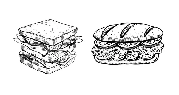 Handgezeichnete Sandwiches Schwarze Vektorabbildung Isoliert Auf Weißem Hintergrund Skizzenstil — Stockvektor