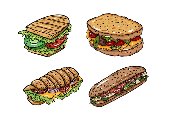 Buntes Sketch Sandwiches Set Handgezeichnete Vektordarstellung Isoliert Auf Weißem Hintergrund — Stockvektor