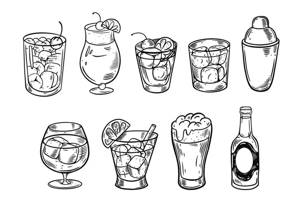 Hand Drawn Sketch Cocktails Set Black Color Outline Vector Illustration — Stock Vector