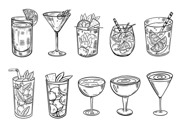 Ensemble Vectoriel Verres Cocktail Ensemble Illustration Vectorielle Croquis Couleur Noire — Image vectorielle