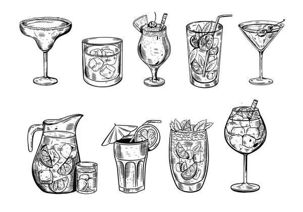 Hand Drawn Black Color Sketch Cocktails Set Vector Illustration Design — Stock Vector