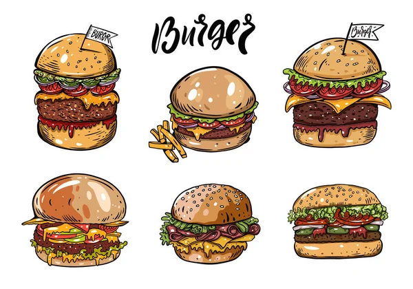 Ručně Kreslený Barevný Náčrt Hamburgerů Vektorová Ilustrace Izolovaná Bílém Pozadí — Stockový vektor