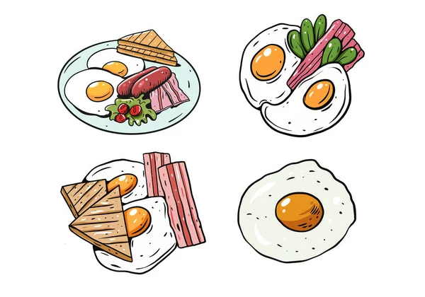Jajka Smażone Patelni Narysowane Szkic Zestaw Śniadanie Jeść Wektor Ilustracji — Wektor stockowy