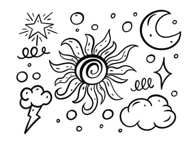 Hava şartları ayarlandı. El çizimi taslak çizimi vektör çizimi izole edildi.