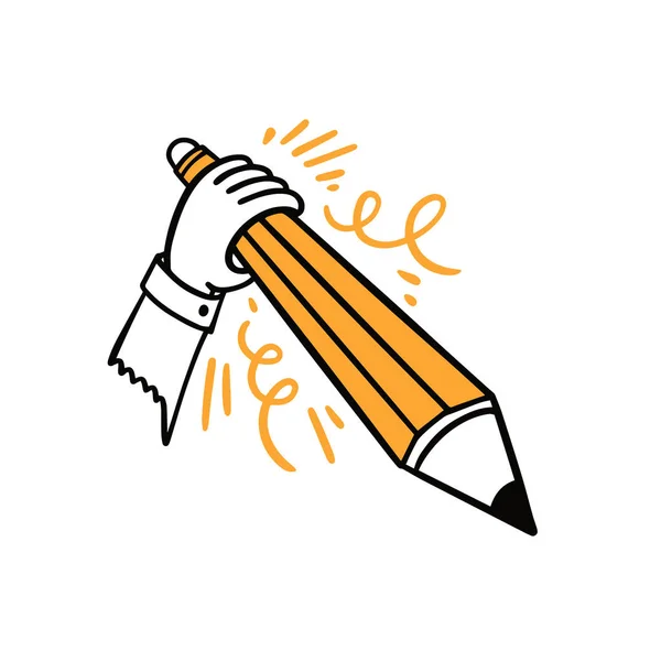 Mão Com Lápis Amarelo Estilo Doodle Desenhos Animados Ilustração Vetorial —  Vetores de Stock
